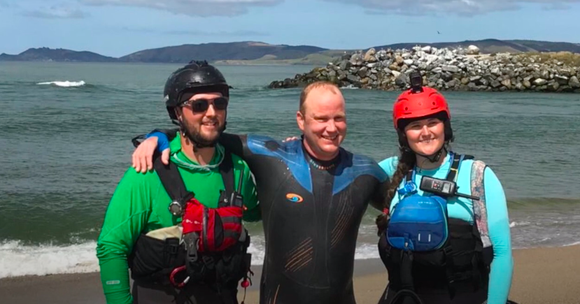 With my kayak safety crew at the end of the Clutha River Swim